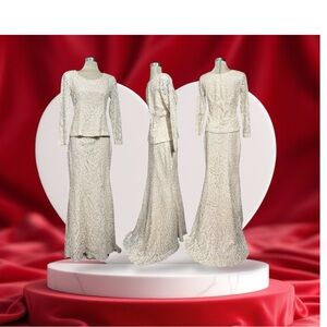 Luxury Beige Sequins Tall Two Pieces  Maxi High Law Skirt Ant Top Size M